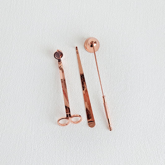 candle care set consisting of wick trimmer, wick dipper and snuffer